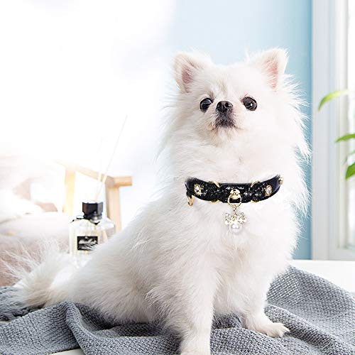 Image of Cat Collar, Dog Collar, [Bling Rhinestones] PU Leather Adjustable Pet Collar with Luxury Pendant for Big Cat and Small to Medium Dog Small Black