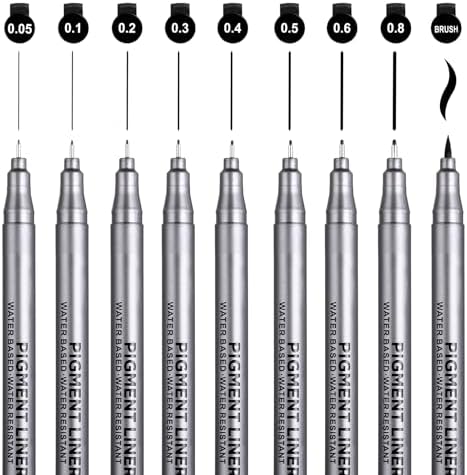 Set 9 Penne Fine Liner Nero - Spessori 0.05mm-0.8mm Con Pennello
