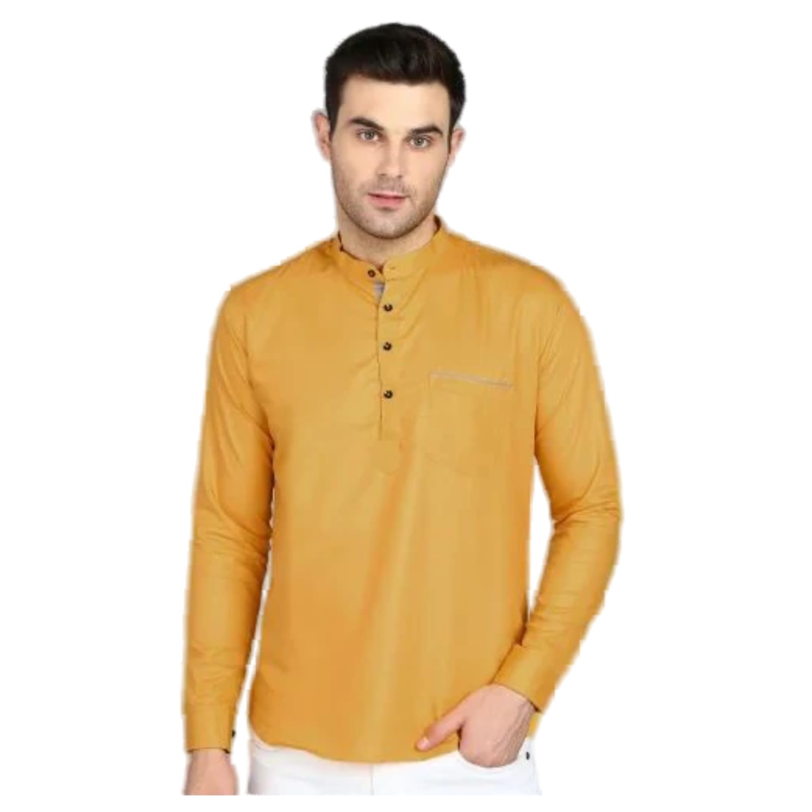 mildin Men's Cotton Blend Short Kurta with Mandarin Collared Neck Full Sleeves Straight Curved Hem Regular Fit One Pockets and Button Down Closure | Kurta for Man-picture-14