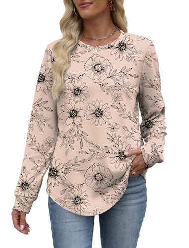 Image of WIHOLL Sweatshirt for Women Crewneck Long Sleeve Shirts Curved Hem Lightweight Sweaters Fall Clothes 2025
