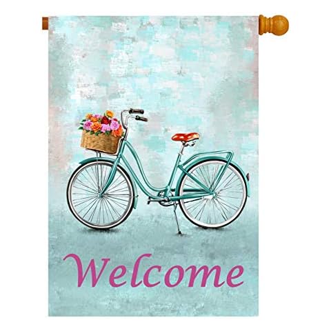 Vintage bike outdoor summer flag. 28 x 40 rose flowers and bicycle decoration for house and yard. Double sided decorative seasonal floral banner perfect for home, garden, summer holiday. Cover
