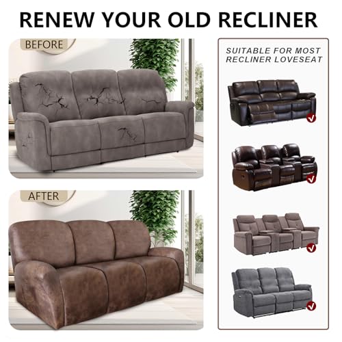 Image of ANARACHON Recliner Couch Cover Leather Look Recliner Sofa Covers for 3 Cushion Reclining Sofa Slipcovers 8-Pieces Furniture Protector Spandex Fabric Washable (3 Seater, 02 Light Brown)