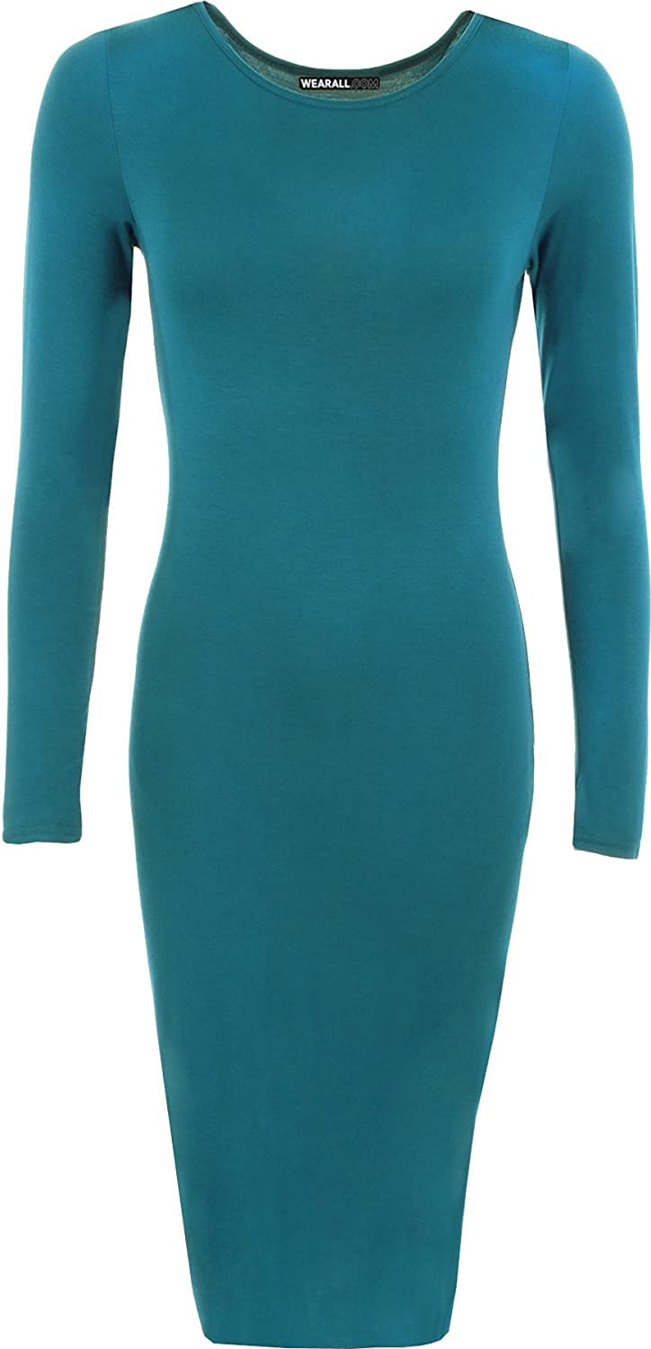 Wearall Women's Teal Plus Size Plain Long Sleeve Bodycon Stretch Midi Dress - 24-26