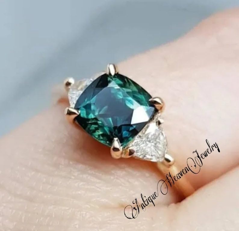 Ocean Teal Natural Sapphire Ring for Women | Cushion Cut Lab Grown Teal Sapphire Engagement Ring in 925 Sterling Silver | Elegant Statement Jewelry