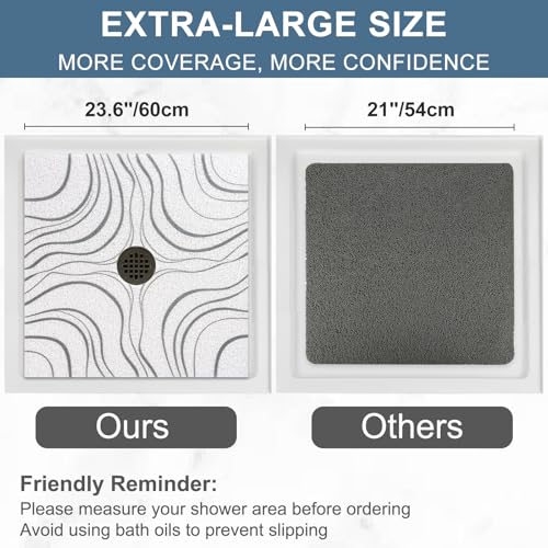 Image of Square Shower Mat Non Slip: 24x24 Inch Extra Large Shower Mats for Inside Shower, Non Slip Shower Mat with Drain Hole in Middle- Anti Slip Shower Floor Mat, Loofah Shower Stall Mats for Elderly