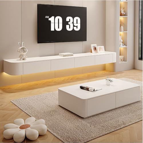 Image of Floating TV Stand Wall Mounted - Wall Entertainment Center with Flip-Down Doors & Drawers, Modern Hanging TV Shelf for Living Room, Media Console for 65 /75 80 Inch TVs (White - B, 110 IN /280CM)