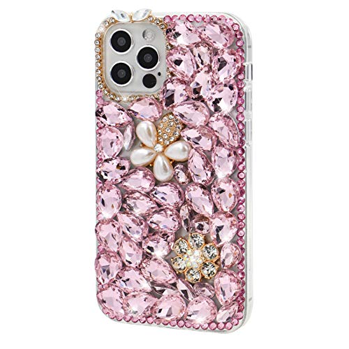 Diamond Case For Galaxy S21 Ultra 5G,Moiky Fashion 3D Bling Rhinestone Pearl Flower Case Clear Crystal Shiny Luxury Handmade Transparent Protective Cover Case For Samsung Galaxy S21 Ultra 5G - Pink#2 #TOP6