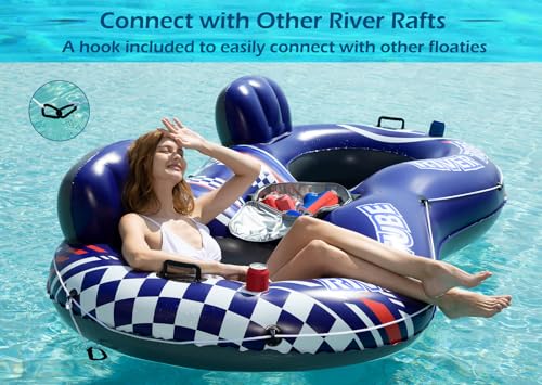 Image of Jasonwell Inflatable River Tube Float - 2 Person Heavy Duty River Float Pool Floats with Removable Cooler Lake Water Tubes for Floating River Raft Lounge Floatie with 2 Cup Holders for Adults (D-Blue)