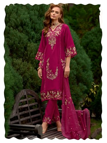 Image of INDO ERA Women's Straight Cotton Blend Floral Embroidered Kurta & Pant with Dupatta Set