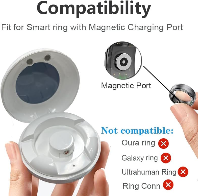 Compatibility chart showing a smart ring with a magnetic port being compatible, and a list of incompatible rings like Oura, Galaxy, Ultrahuman, and Ring Conn.
