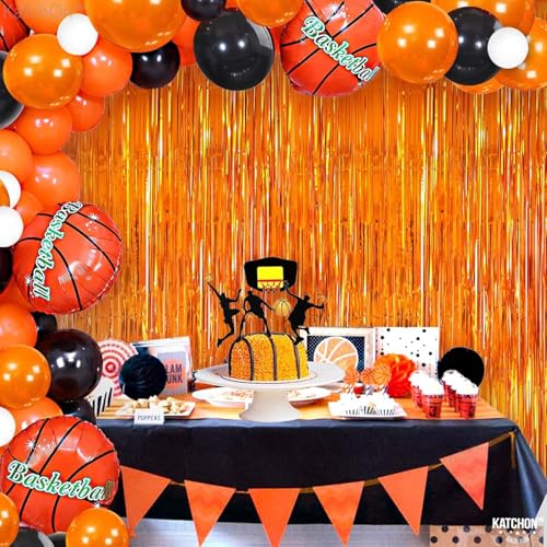 Image of KatchOn, XtraLarge Orange Fringe Backdrop Curtain - 3.2x8 Feet, Pack of 2 | Orange Streamers for Summerween Party Decorations, Basketball Party Decorations | Birthday, Halloween Decorations
