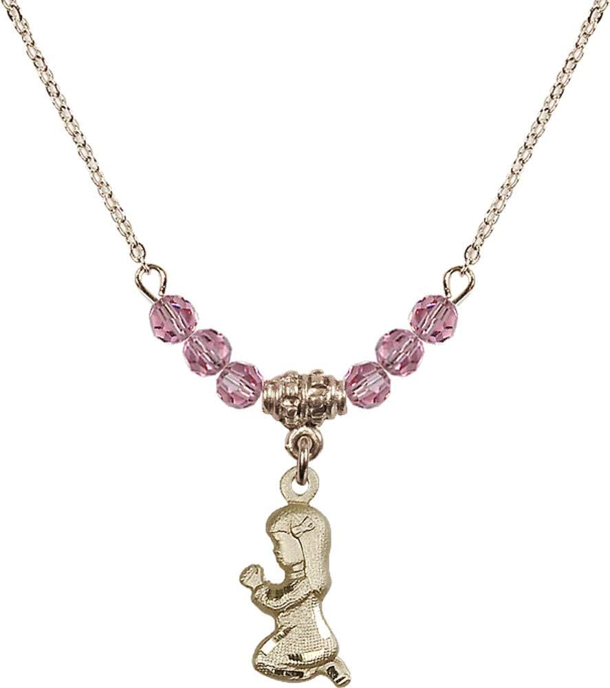Bonyak Jewelry 18 Inch Hamilton Gold Plated Necklace w/ 4mm Rose Pink October Birth Month Stone Beads and Praying Girl