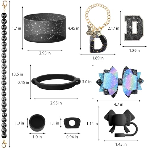Hpebl 9PCS Black for Stanley Cup Accessories Set Bling Initials Bow Charms for Stanley Decorations 30/40 Oz Tumbler Accessories Including Bow Straw Topper, Handle Strap, Spill Stopper（Letter D） - image 3