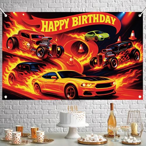 Image of Racing Car Birthday Backdrop Banner - High-Speed Fire & Speed Themed Party Decoration, Sleek Racing Cars Photo Booth Background, 71x43 Inch for Birthday Celebrations