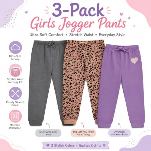 Image of BTween Kids Girls Fashion Stretch Waist Ultra Soft Jogger Pants Set 3 Pack Bundle