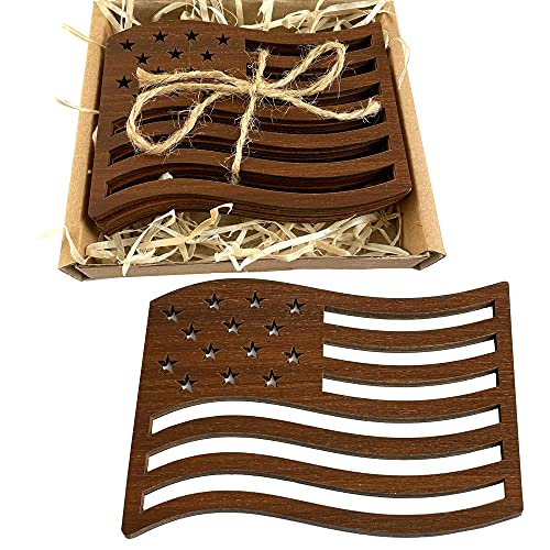 American Flag Wood Coasters Set - This USA Gift Include 4pcs Carved Wooden Coasters for Drinks - Great Patriotic Home Decor for Independence Day Decorations