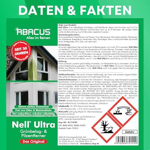 ABACUS® Nell Ultra Grünbelagentferner & Algenentferner Konzentrat, extrem stark! Entfernt Grünbelag & Algen selbsttätig ohne zu Schrubben – für Stein, Fassade, Terrasse, Dach – Nell Ultra 2,5 Liter