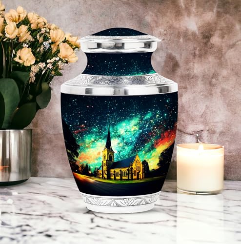 Image of Church Steeple Night Large Urns For Human Ashes Adult Male - Customized Adult Urns - Unique Cremation Urn For Ashes Dad - Personalized Urn For Ashes For Women - 10 Inch Large With Velvet Bag