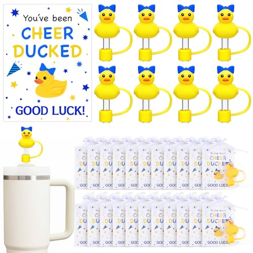 LemonRoad 20 Set Cheer Team Gifts Bulk 10 mm Cheerleading Ducks Straw Toppers Straw Cover Caps with You've Been Cheer Ducked Tag Cheerleading Tumbler Accessories for Team Inspirational Gift(Blue)