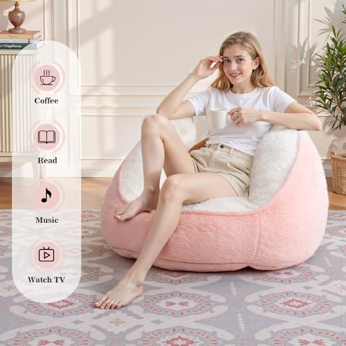HOMMPA 3FT Bean Bag Chair with Pocket Faux Rabbit Fur Bean Bag for Teens & Kids Comfy Lounge Lazy Floor Sofa Accent Chair for Living Room, Bedroom,Dorm,Peach Pink - image 5