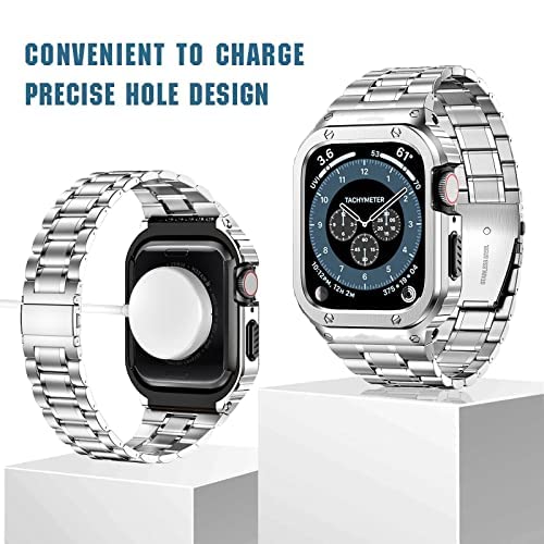 MioHHR Stainless Steel Watch Band with Case Compatible for Apple Watch Bands 42/44 mm,Rugged Strap with Metal Protective Bumper Cover for iWatch Series 6/5/4/SE/3/2/1 for Men(Silver) - Image 4