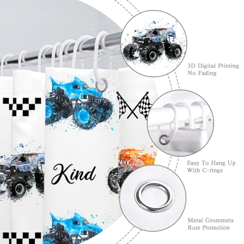 Image of Kids Monster Truck Shower Curtain Cool Boys Cartoon Cars Inspirational Motivational Words Blue Green Orange Bathroom Decor Waterproof Fabric 72Lx72W inch with 12PCS Hooks