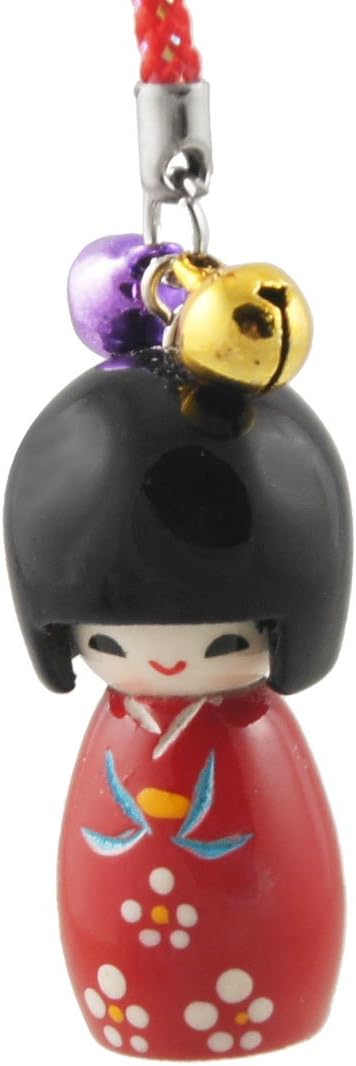 uxcell Black Red Wooden Japanese Doll Pendant Green String Cell Phone Strap