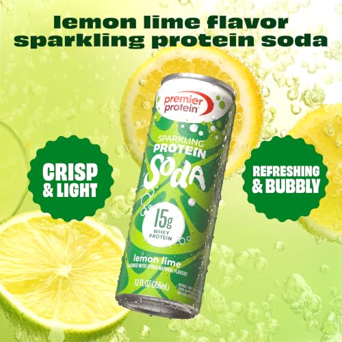 Image of Premier Protein Sparkling Protein Soda, Lemon Lime, 15g Whey, 4 Pack | Soft Drink with Benefits, 5 Ingredients, No Artificial Colors or Flavors, 3g Sugar, 12 oz