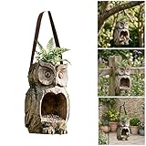 Wooden Bird Feeder, Owl Shape Hanging Bird Feeder for Outside Funny Birds Feeders Vintage Wooden Owl Sculptures Garden Hanging Feeders for Outdoor Wild Birds Garden Decoration