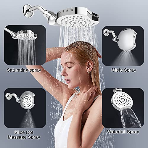 4-Settings Rain Shower Head, 6 Inch High Pressure Waterfall Showerhead, Wall Mount Adjustable 360 Degrees Bathroom Showerheads Fixed Anti Clog Easy Installation, Stainless Steel 304 (Chrome) #TOP1