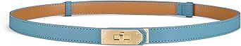 Womens Skinny Leather Belt with Gold or Silver Turn-Lock Buckle Adjustable Thin Belt for Dresses, Office & Wedding