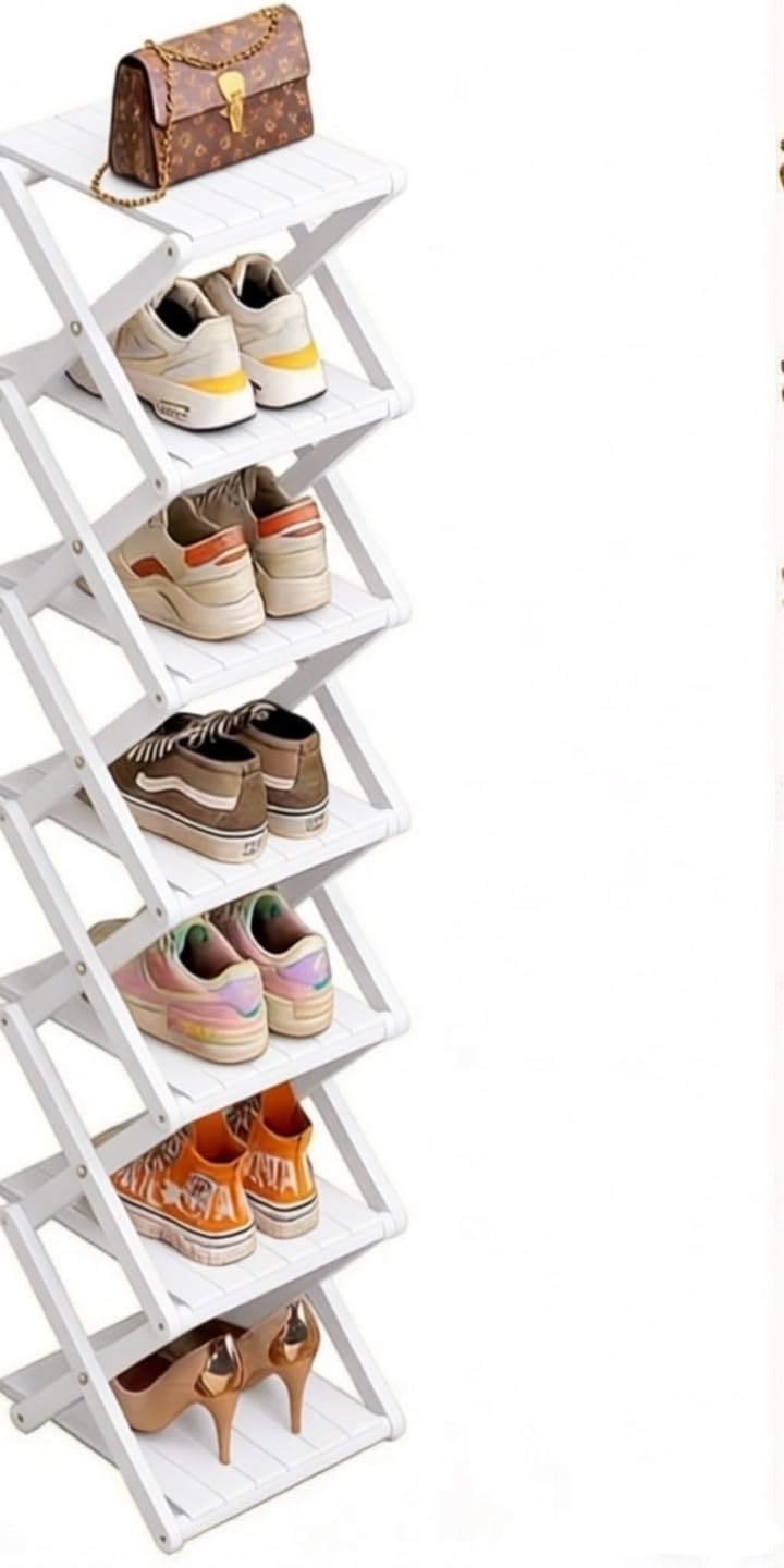 Bamboo Shoe Rack - No Assembly Required, Tall Narrow Foldable Shoe Organizer, Space-Saving Multifunctional Shelf for Entryways, Corners, Bedrooms, Balconies, 6 Layer White (Reinforced And Thickened )-image-29
