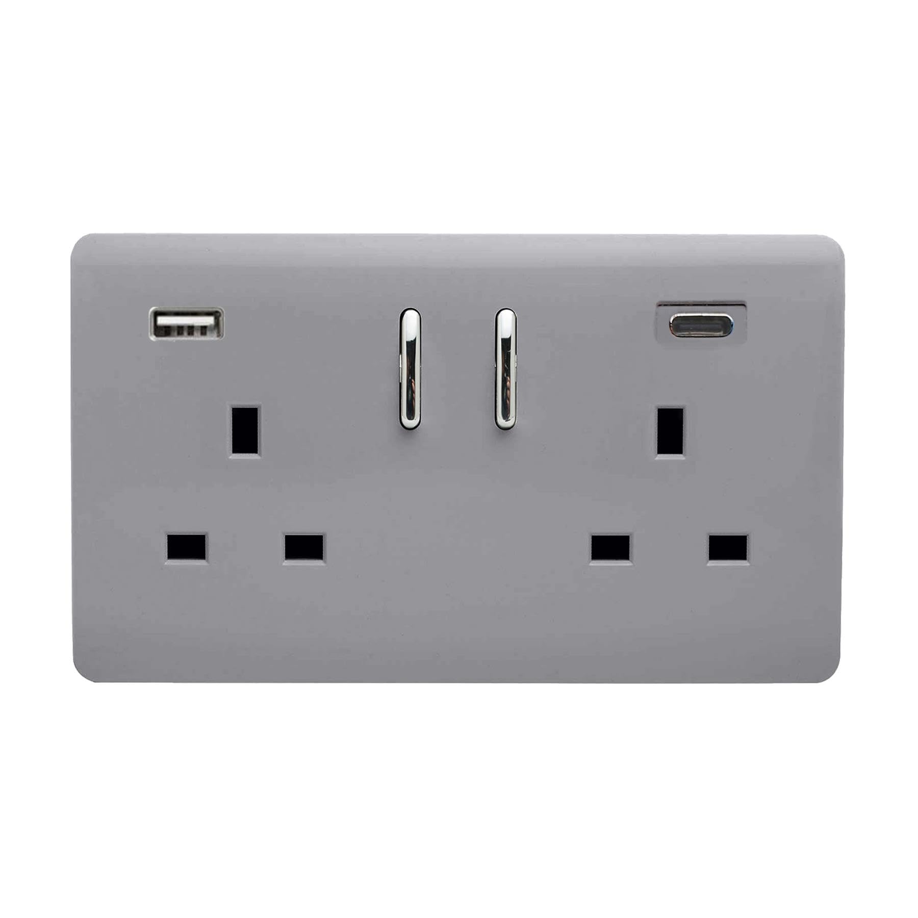 Trendi Switch 2 Gang Type A & C USB 3100mA Modern Designer Plug Socket in Platinum Silver