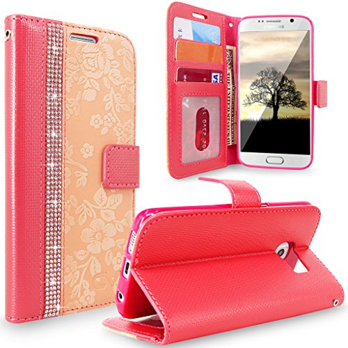 S7 Case, Galaxy S7 Case, Cellularvilla [Diamond Jewel] Embossed Flower Design Premium Pu Leather Wallet Case [Card Slots] [Stand Feature] Folio Flip Cover for Samsung Galaxy S7 (Peach Pink Bling)