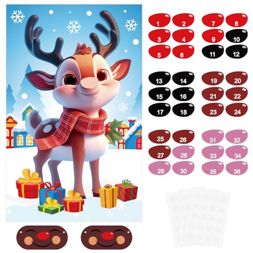 FINGOOO Pin The Nose On The Reindeer, Cute Christmas Pin The Nose on Rudolph Game Holiday Games for Kids Winter Party Game with Blindfold
