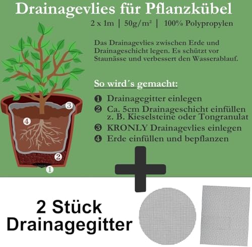 KRONLY Vlies für Blumentöpfe 2m x 1m + Drainagegitter 2 Stück verhindert Staunässe 50g/m² Unkrautvlies Blumenkübel