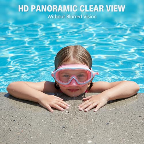 Image of PROBEROS Swimming Goggles for Kids, 2-in-1 Wide View Goggles Lenses with Anti-Choke Nose Cover & Intergrated Earplugs, Adjustable Headstrap No Pressure Swim Goggles for Children for 4-12 Years, Pink