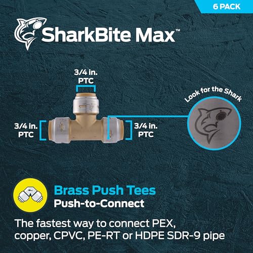 Image of SharkBite Max 3 /4 Inch Tee, Pack of 6, Push to Connect Brass Plumbing Fitting, UR370