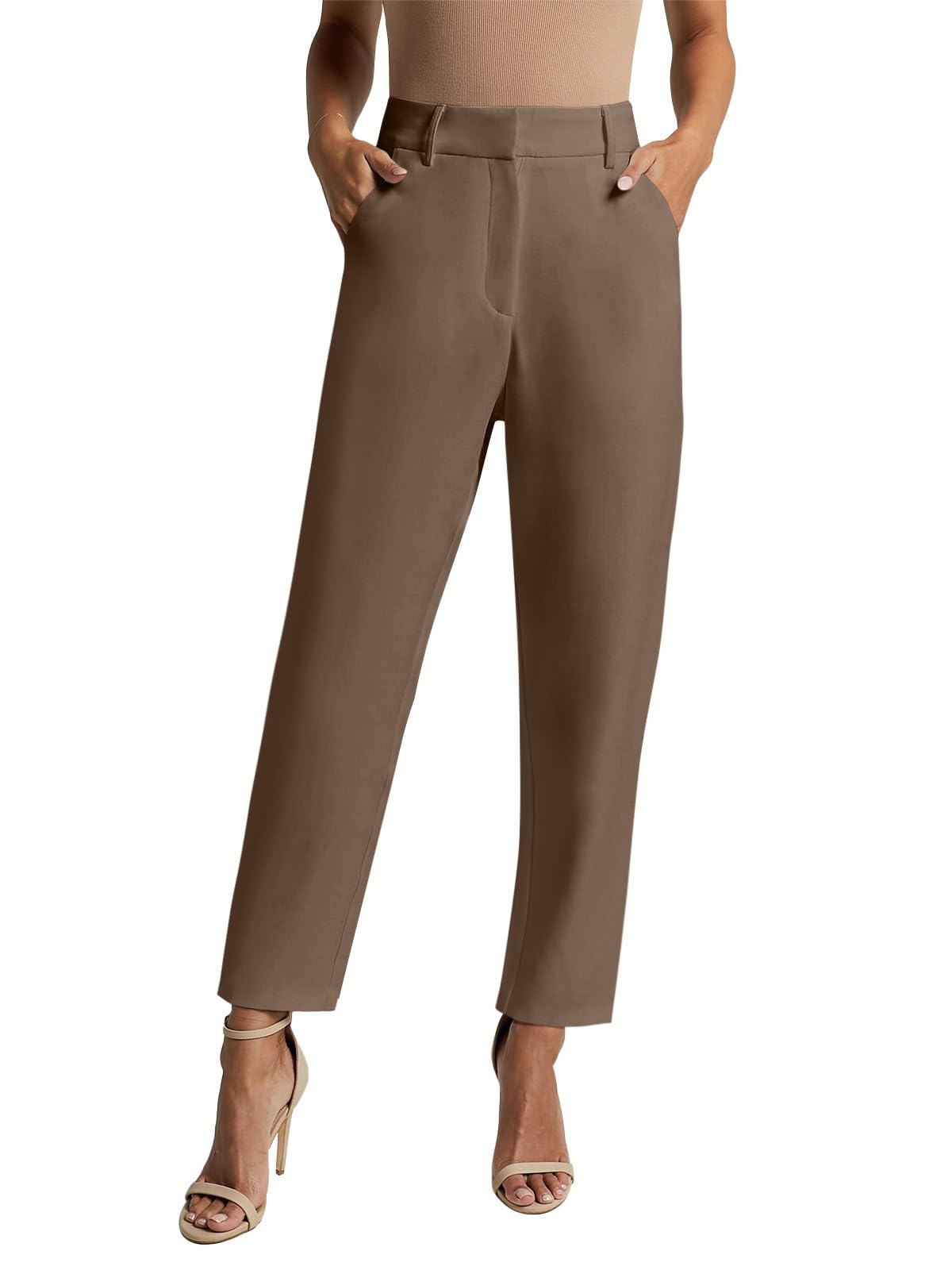 NIMINWomen's Straight Leg Dress Work Ankle Pants Business Office Casual Slacks High Waisted Dressy Pants with Pockets Tawny Medium