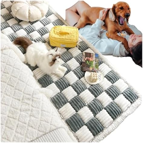 Funny Fuzzy Couch Cover for Pets - Large Plaid Cream Sofa Protector, Black Dog Bed Mat, Soft & Durable 17.6x17.6 in, Ideal for Dogs & Cats, Machine Washable