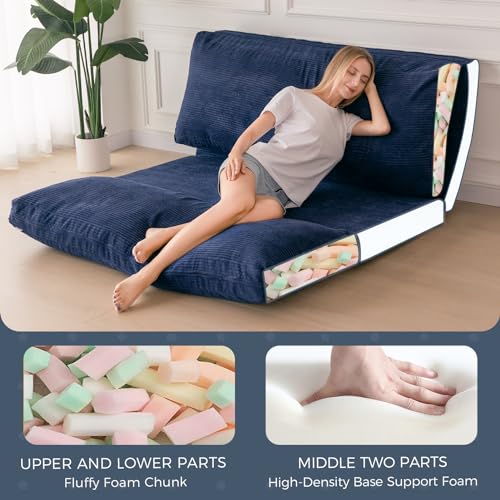 Image of MAXYOYO Folding Sofa Bed, Extra Thick and Long Floor Sofa Convertible Chair with Washable Cover, Floor Couch Lounge Bean Bag Bed for Living Room, Navy, 39x91 Inch
