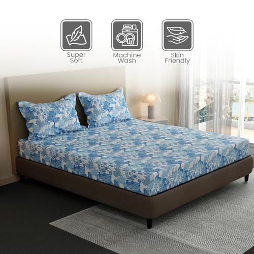 Image of Layers 100% Cotton Fitted Sheet for King Size Bed | Lumina Floret Collection | 144 TC Soft & Breathable | Printed with 2 Pillow Covers | Wrinkle Free & Colorfast | 3 Pc Bedding Set - Blue