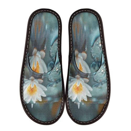 KLL Spa Slippers Indoor Outdoor Summer Non-Slip Bedroom Shoes for Hotel Travel Party 8-8.5 Beautiful White flower Flower Green Leaf
