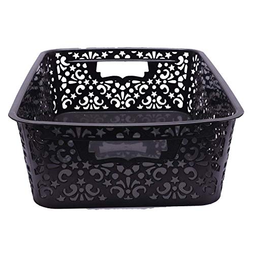 Image of Cutting Edge Essentials Plastic Storage Baskets /Shelf /Turkish Rack with Lid - Set of 2 for Fruit Vegetable Bathroom Stationary Home Basket with Handle (Black, Medium)
