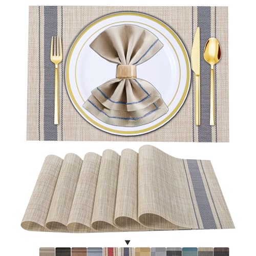 ARTAND Placemats Set of 6, Woven Placemats for Dining Table, Boho Decor Plastic Table Place Mats, Vinyl Table Mats for Indoor Outdoor Blue Lines