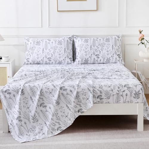Image of 100% Natural Cotton Percale Sheets Set,King Size 4 PC, Breathable&Durable Hotel Quality Bedding, 16 inch Deep Pocket Botanical Floral Bedsheets,White
