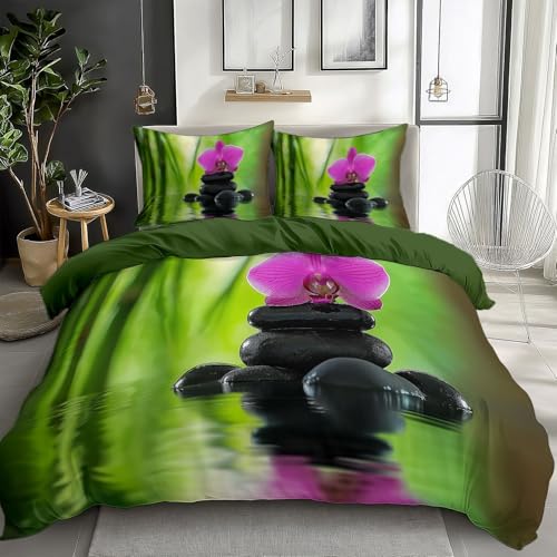Green Bedding Sets Meditation Bamboo Orchids Print Duvet Cover Set, Comforter Cover Full Size Soft Breathable Reversible 3-Piece Bedding for Kids Teens