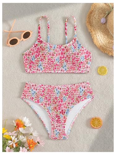 Image of SHENHE Girl's 2 Piece Teen Swimsuit Boho Floral High Waisted Smocked Bikini Bathing Suit