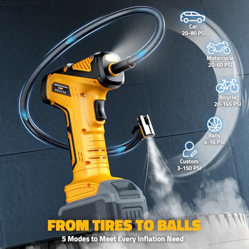 Image of DIYtoolifz 150PSI Tire Inflator Portable Air Compressor: Cordless Air Pump Compatible with Dewalt 20V Battery - Car Tire Pump with Digital Pressure Gauge & LED Light for Auto, Motorcycles (Tool Only)
