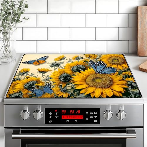 Image of Happy Easter Stove Top Cover Flower Eggs Cute Rabbit Gas Stove Top Cover for Home Decoration Kitchen St. Patrick Day Pad Non-Stick Washable Cooktop Covers Countertop Protector (sunflower, 28 inch x 20 inch)
